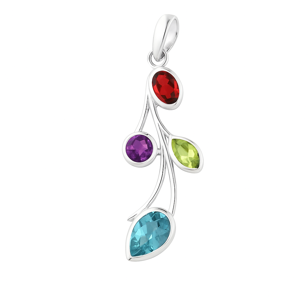 Sterling Mixed Gemstone Pendant of Cascading Leaves New Earth Gifts