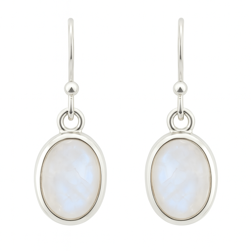 Rainbow Moonstone Oval Dangle Sterling Earrings -New Earth Gifts