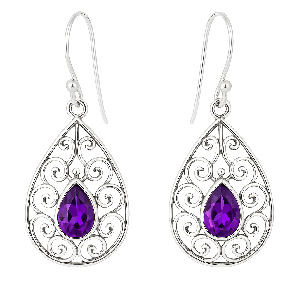 Sterling Silver Amethyst Earrings Teardrop Design - New Earth Gifts