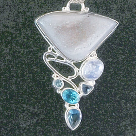 Agate Drusy Pendant with Rainbow Moonstone, Blue Topaz, Iolite - New Earth Gifts