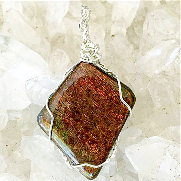 Ammolite Fossilized Pendant Wire Wrapped - New Earth Gifts