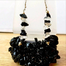 Black Stone 5 Strand Cuff Stretch Bracelets with Earrings - New Earth Gifts