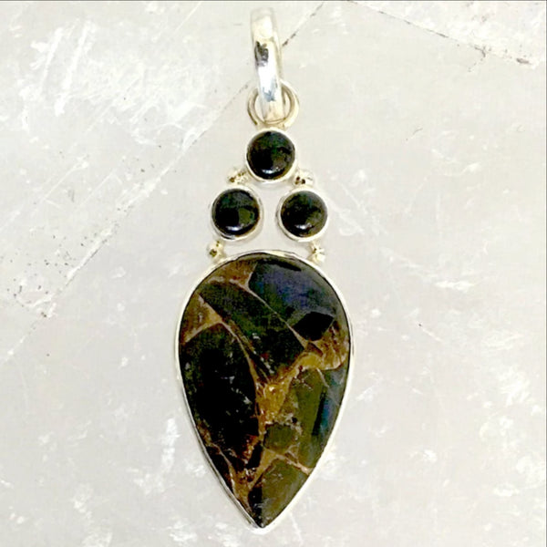 Bronzite Teardrop Pendant with Black Onyx Accents | New Earth Gifts