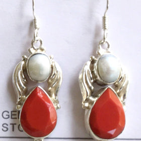 Red Teardrop Earrings with Pearls and Sterling Silver Angel Wings