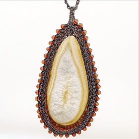 Agate Slice Teardrop Pendant with Macrame Bezel and Cord - New Earth Gifts