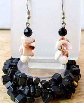 Obsidian Cuff Bracelet Multi Strand Stretch With Pearl & Shell Earrings