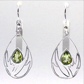 Sterling Peridot Faceted Flower Earrings. 1.5" long, abstract floral setting