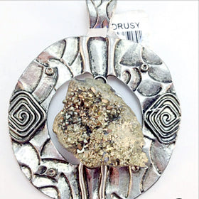 Pyrite Drusy Pendant With Unique Hammered Metal Design - New Earth Gifts