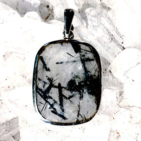 Tourmalinated Quartz Faceted Square Sterling Pendant | New Earth Gift