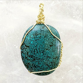 Turquoise Polish Pendant Gold Wire Wrap Southwestern Jewelry | New Earth Gifts