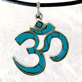 Om Pendant from Nepal - Brass with Turquoise Inlay- New Earth Gifts and Beads
