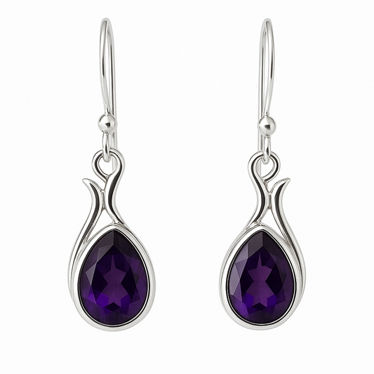 Amethyst Dew Drop Style Sterling Silver Earrings - New Earth Gifts