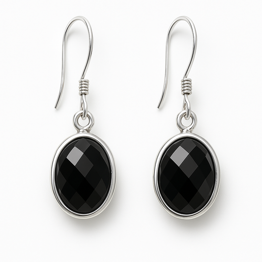 Sterling Black Onyx Faceted Oval Dangle Earrings -New Earth Gifts