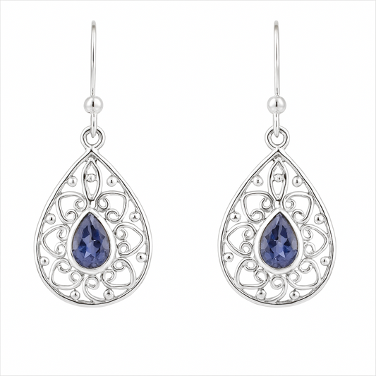 Iolite Sterling Silver Earrings Victorian Style - New Earth Gifts