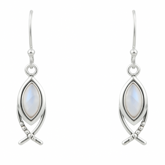 Moonstone Fish Symbol Sterling Earrings -New Earth Gifts