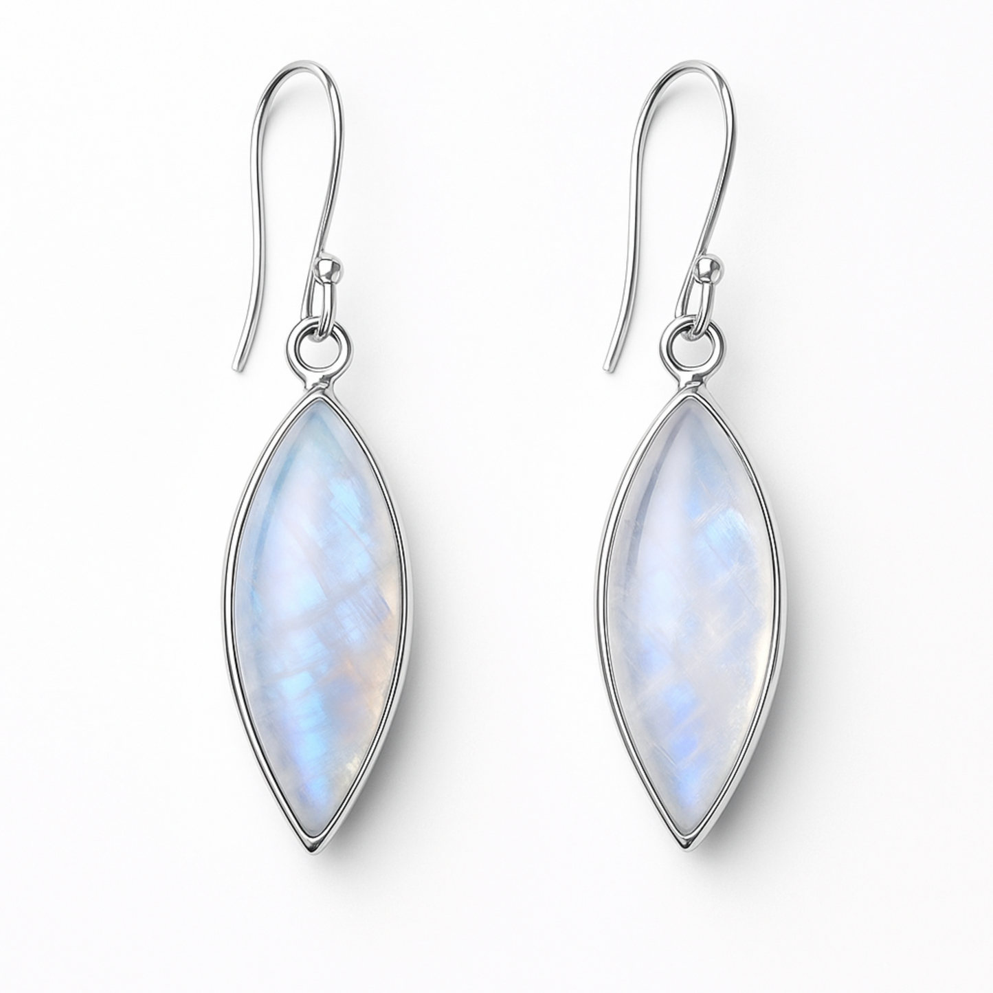 silver earrings with marquise-shaped moonstone stones