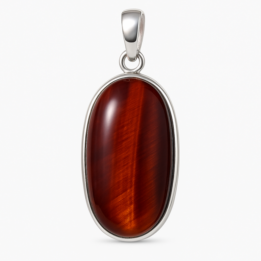 Red Tiger Eye Elongated Oval Sterling Silver Pendant -New Earth Gifts