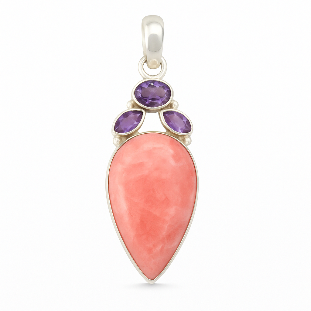 Rhodochrosite Teardrop Pendant with Faceted Marquis Amethyst Accents - New Earth Gifts and Beads