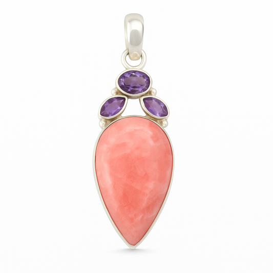 Rhodochrosite Teardrop Pendant with Faceted Marquis Amethyst Accents - New Earth Gifts and Beads