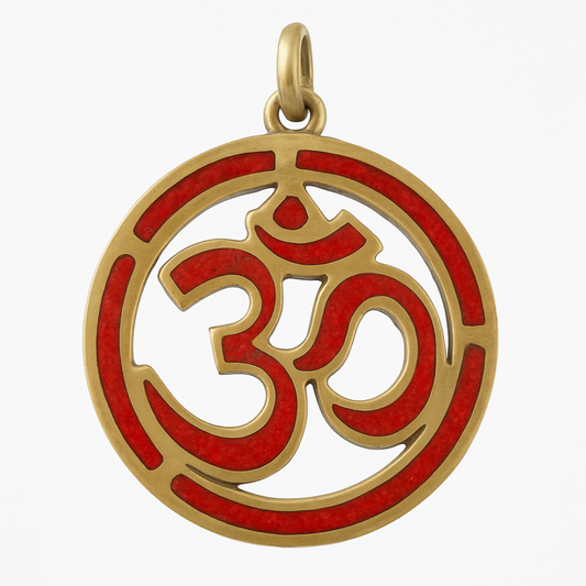 Om Pendant from Nepal - Coral Inlay in Circle Design - New Earth Gifts