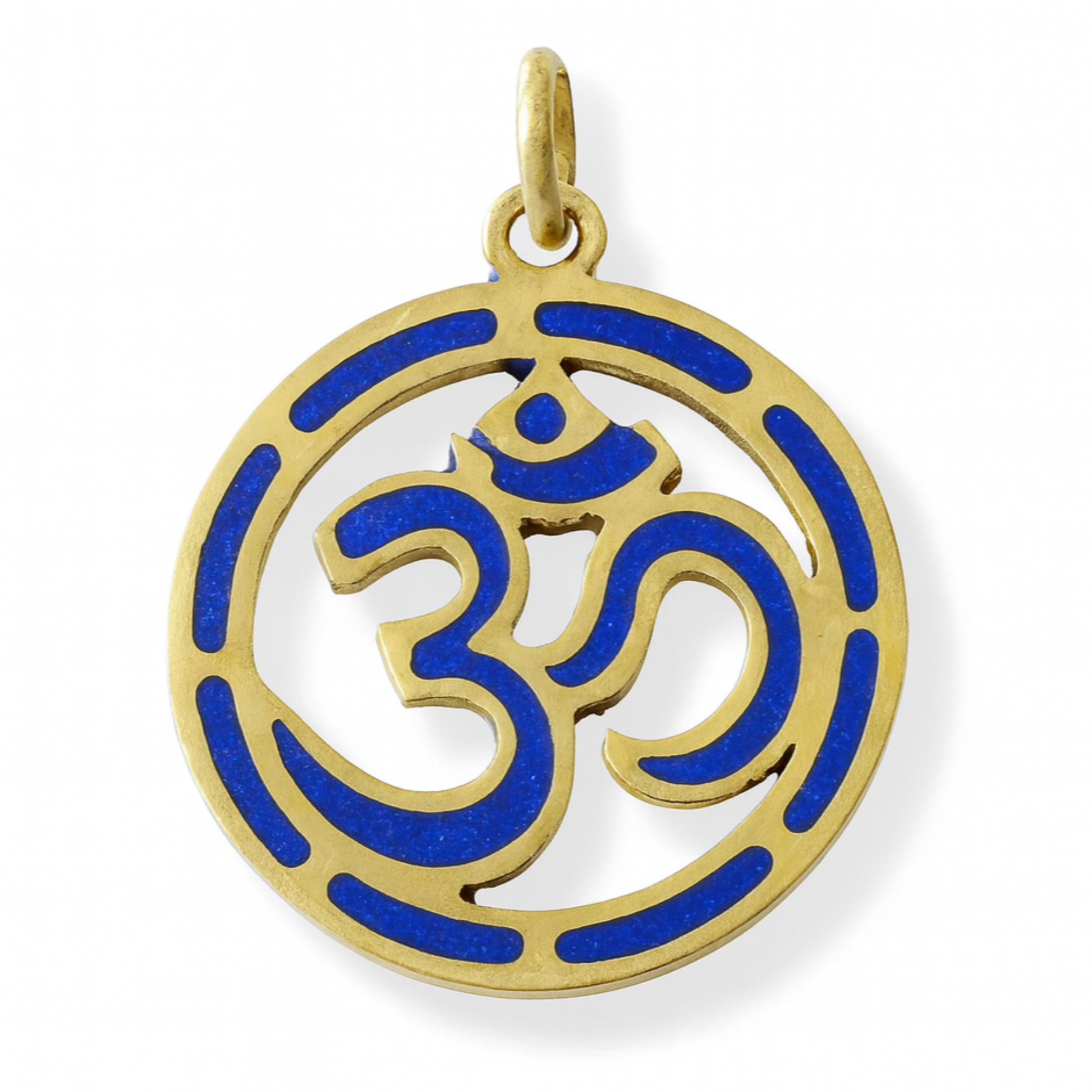 Om Pendant from Nepal - Brass Circle with Lapis Inlay - New Earth Gifts