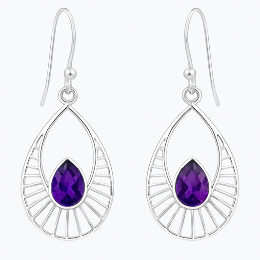 Amethyst Sterling Silver Earrings Sunrise Design - New Earth Gifts