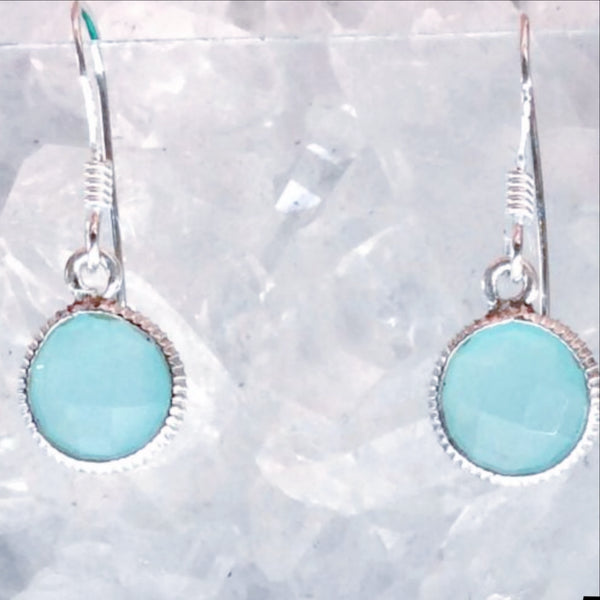 Chalcedony Sterling Aqua Round Faceted Earrings-New Earth Gifts