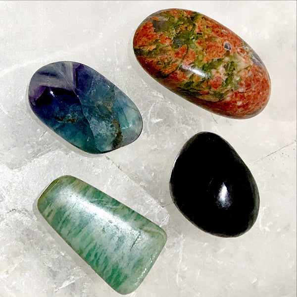 EMF Protection 4 pc Gemstone Set of Shungite, Amazonite, Unakite, Fluorite - New Earth Gifts 