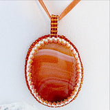 Fire Agate Oval Gemstone Pendant with Beaded Bezel - New Earth Gifts