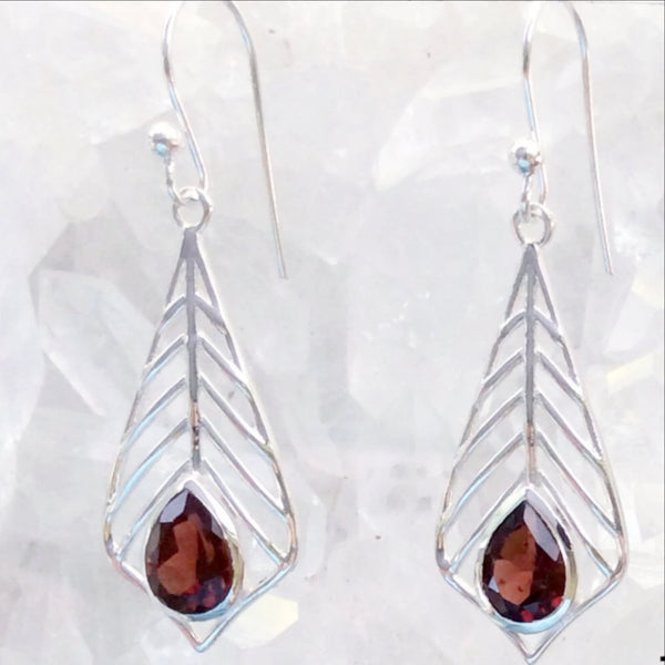 Garnet Faceted Dangle Sterling Palm Leaf Earrings -New earth Gifts