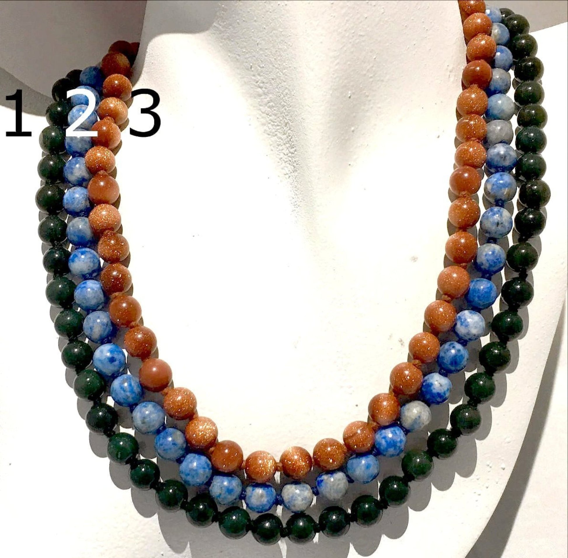 Gemstone Beaded Necklaces in Bloodstone, Lapis, Goldstone, Hand Knotted