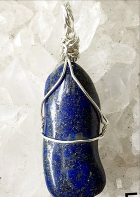 Lapis Long Free Form Wire Wrap Pendant -New Earth Gifts