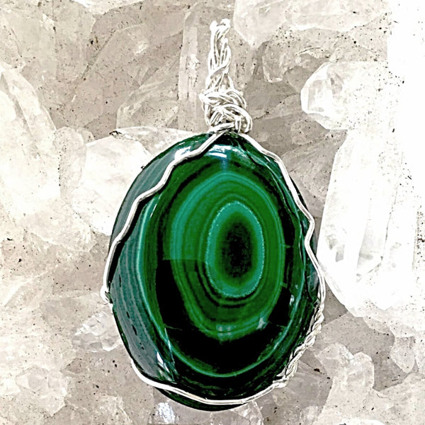 Malachite Pendant Swirling Ovals Wire Wrapped | New Earth Gifts