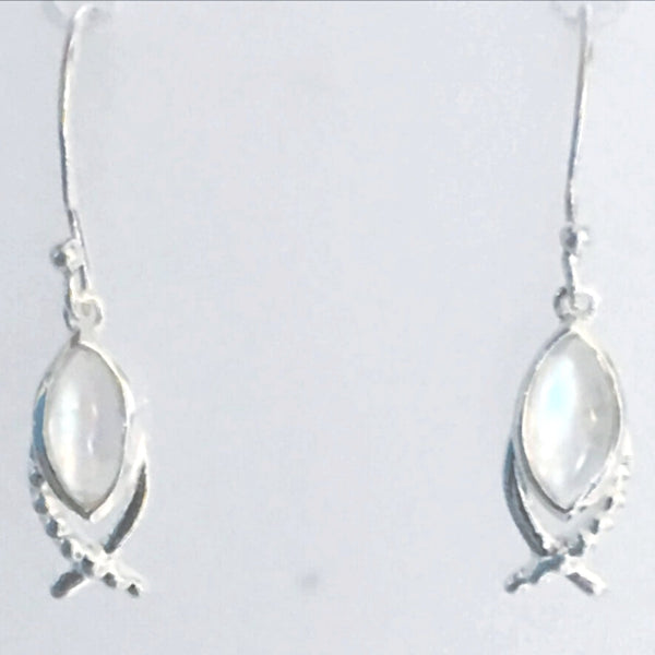 Moonstone Fish Symbol Sterling Earrings -New Earth Gifts