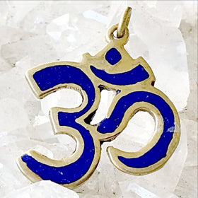 Om Pendant from Nepal - Brass with Lapis Inlay - New Earth Gifts