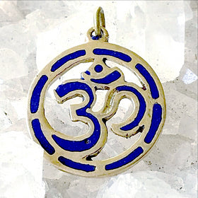 Om Pendant from Nepal - Brass Circle with Lapis Inlay - New Earth Gifts