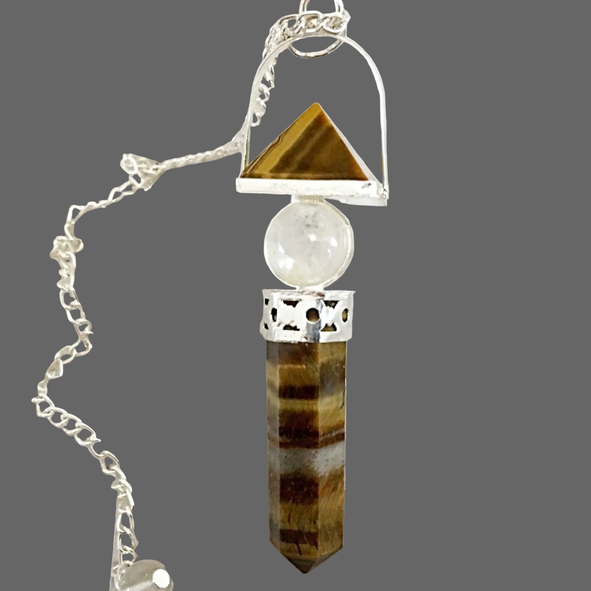 Tiger Eye Pendulum with Pyramid, Sphere and Point - New Earth Gifts