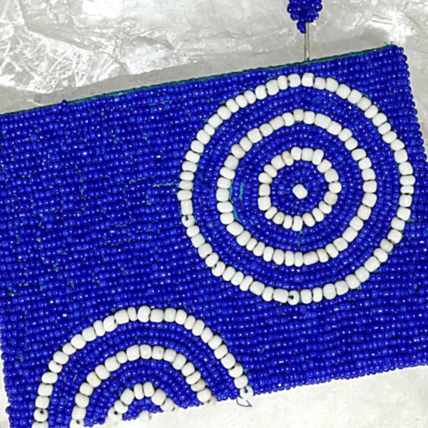 Beaded Clutch Purse - Royal Blue and White - New Earth Gifts