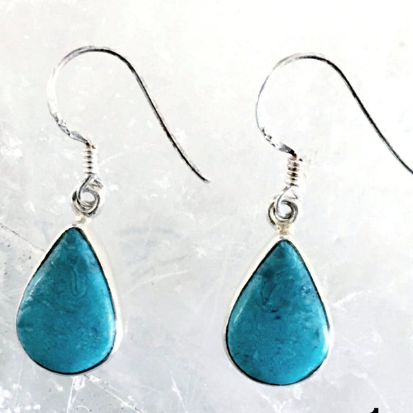 Stunning Blue Turquoise Earrings Tear Drop Style are a gorgeous blue color. Tear drop shape includes slight amount of typical Turquoise veining. 1.25" long - New Earth Gifts