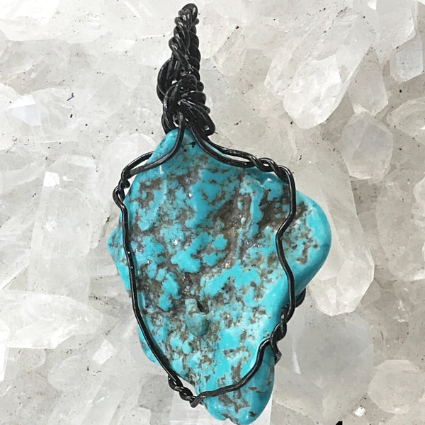 Blue Turquoise Pendant on Black Wire Wrap - New Earth Gifts