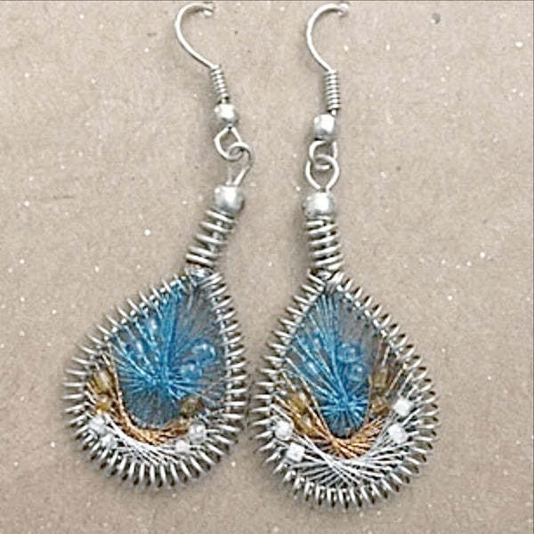 Guatemalan Design Thread Earrings Teal and Yellow | New Earth Gifts