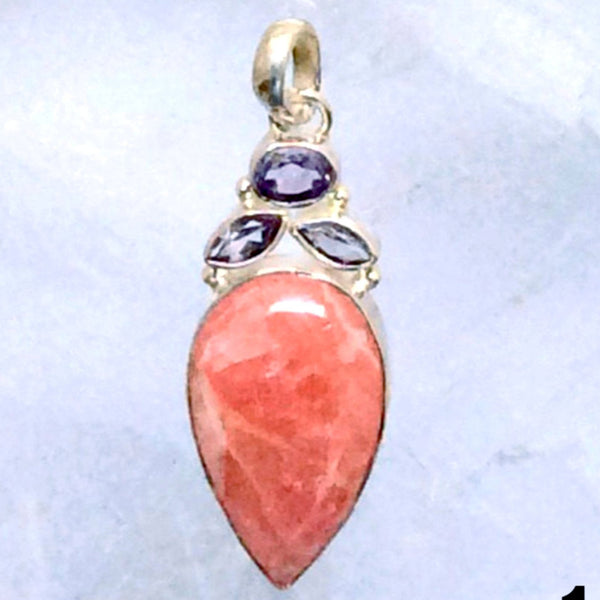 Rhodochrosite Teardrop Pendant with Faceted Marquis Amethyst Accents - New Earth Gifts and Beads